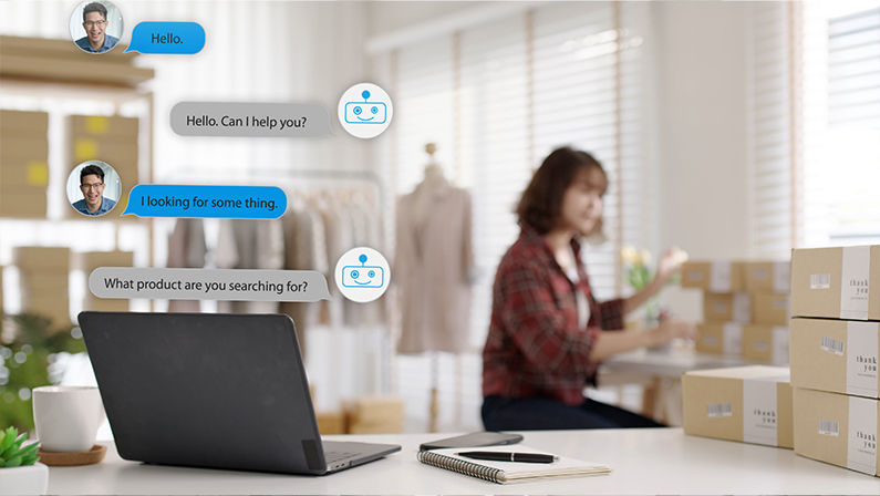 Chatbot conversation on laptop screen app interface with artificial intelligence technology providing virtual robotic assistant customer support and information for small business SME B2C concept.