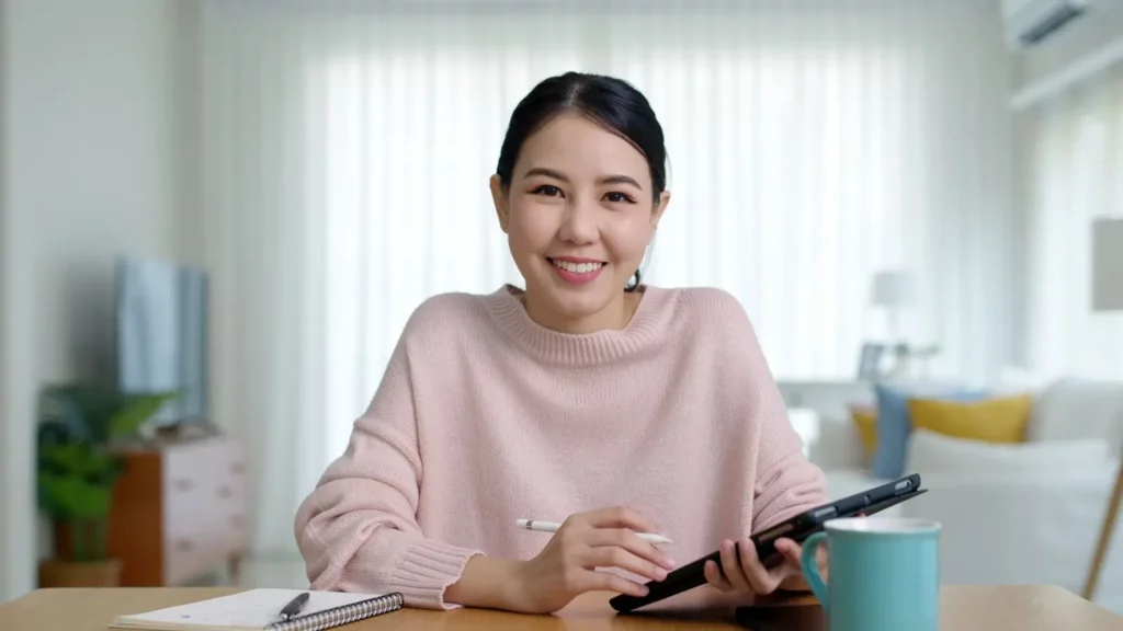 virtual assistant holding a tablet and smiling at camera