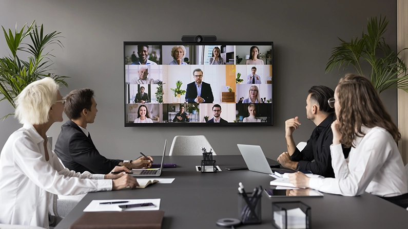 Group meeting using video call app. Multiethnic businesspeople profiles on screen, engaged in teleconference event by business, international communication of HR managers and applicants, career, tech