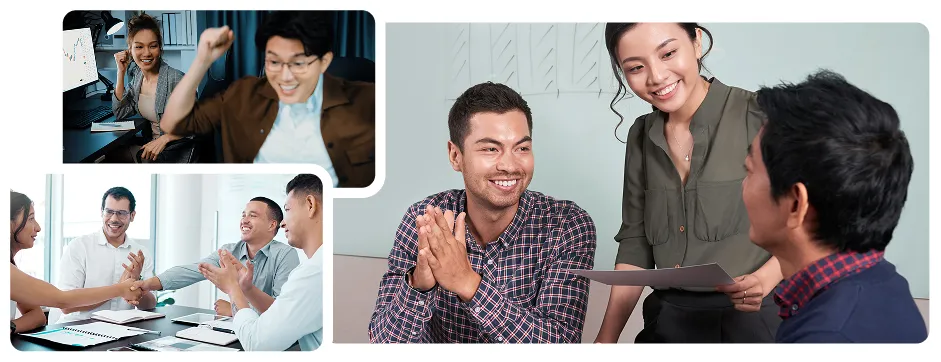 A collection of images showing people collaborating in business meetings, showcasing teamwork and communication.