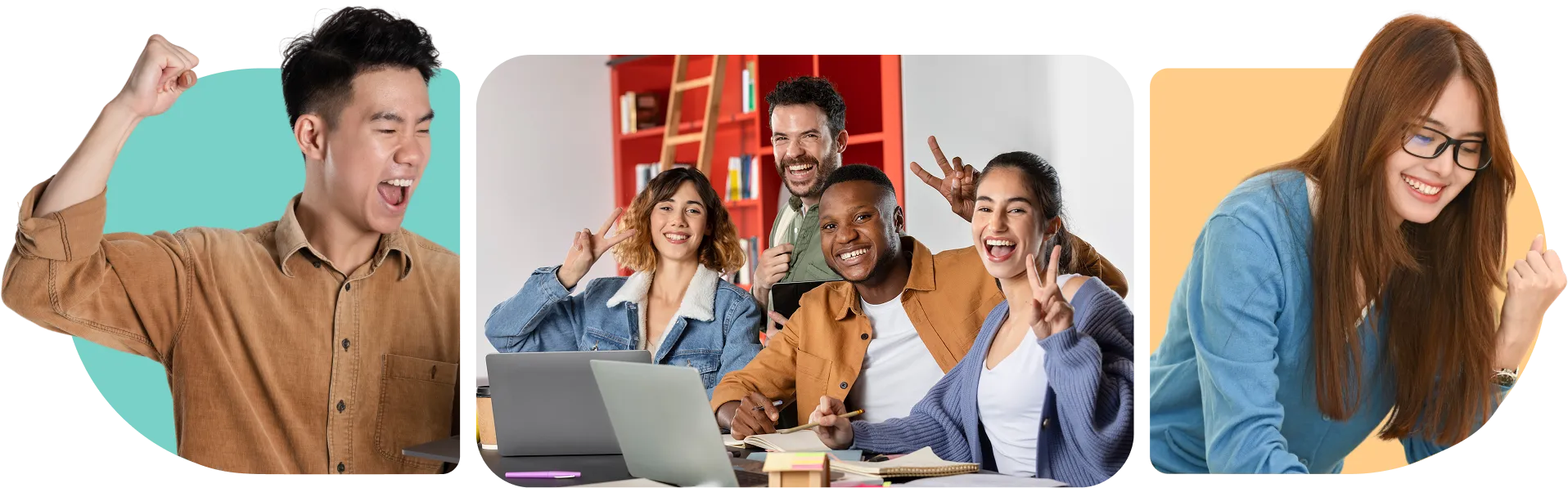 A diverse group of people sitting at a table with laptops, collaborating on projects in a professional setting.