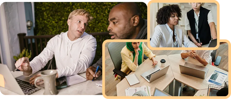 A collage featuring people of various backgrounds using laptops and discussing ideas in a collaborative environment.