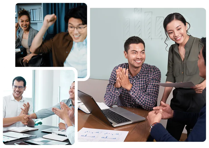A collage featuring diverse individuals collaborating in a modern office environment.