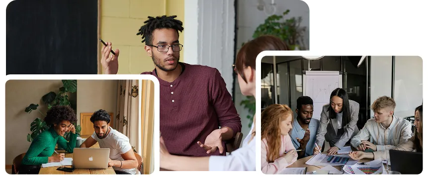 A collage depicting diverse individuals collaborating in an office environment, showcasing teamwork and productivity.