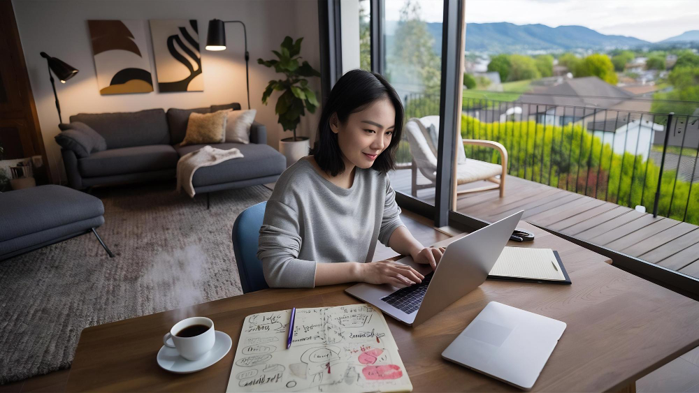 Top view of freelance asian lady using laptop in living room at house
